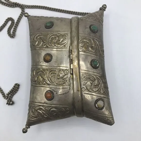 Silverplate Metal Purse‎ Pillow Clutch with cabouchons. 32 Chain